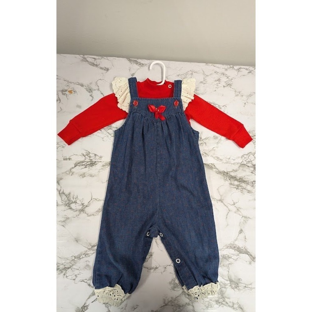 Vintage 18 Months McKids Denim Overalls Set Red Ruffle Shirt Outfit